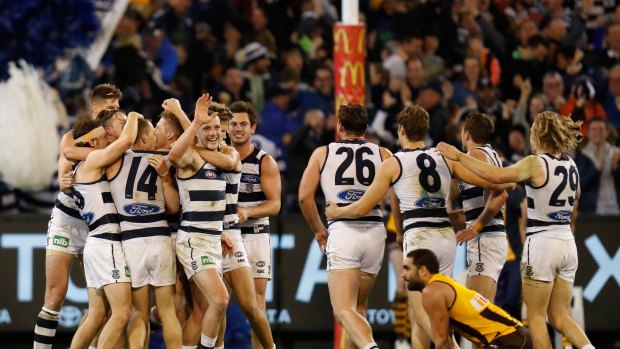 MELBOURNE, AUSTRALIA - SEPTEMBER 09: Players react after the final siren during the 2016 AFL Second Qualifying Final match between the Geelong Cats and the Hawthorn Hawks at the Melbourne Cricket Ground on September 09, 2016 in Melbourne, Australia. (Photo by Michael Willson/AFL Media/Getty Images)