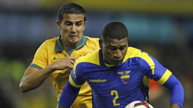 Main man: The Socceroos' game plan centred on Tim Cahill against Ecuador.
