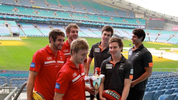 Rivalry builds &#8230; Josh Kennedy, left, Alex Johnson and Kieren Jack of the Swans and Jeremy Cameron, Toby Greene and Jonathon Patton of the Giants ahead of Saturday night's Sydney Derby.