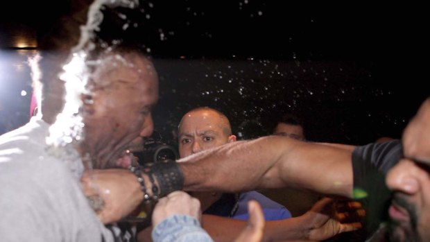 Letting fly ... David Haye, right, punches compatriot Dereck Chisora.