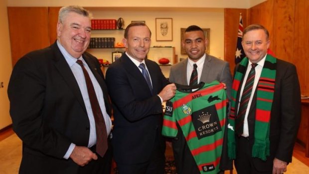 Holding court: Richardson with Prime Minister Tony Abbott, Nathan Merritt and Souths tragic Anthony Albanese.