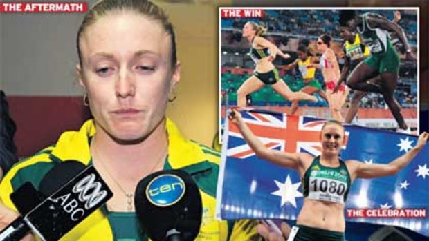 Distraught ... Sally Pearson after learning of the panel’s decision to strip her of the 100 metres gold medal; top right, crossing the line first; and celebrating with the flag before the farce unfolded.