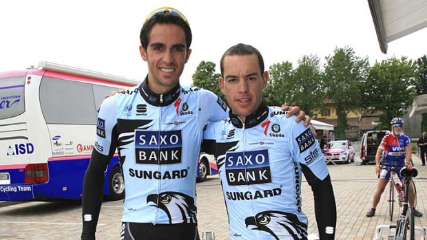 Giro winner Alberto Contador (left) and teammate Richie Porte.