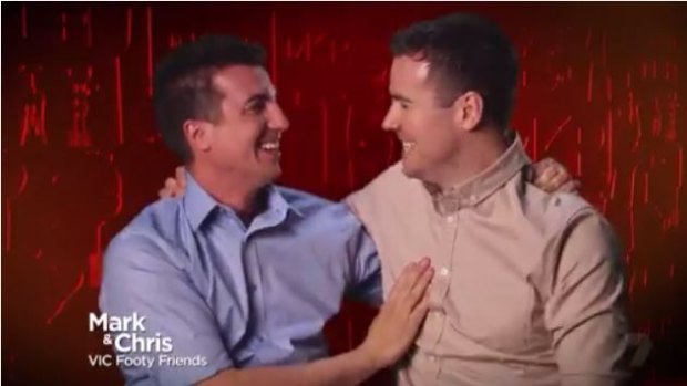 Safe from two eliminations: Mark and Chris kicking goals on MKR.