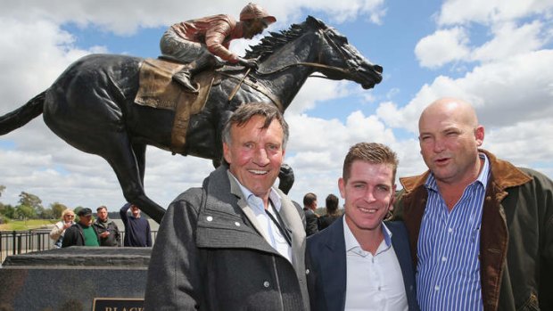 An icon: Breeder Rick Jamieson, Luke Nolen and Peter Moody at the unveiling of Black Caviar's statue.