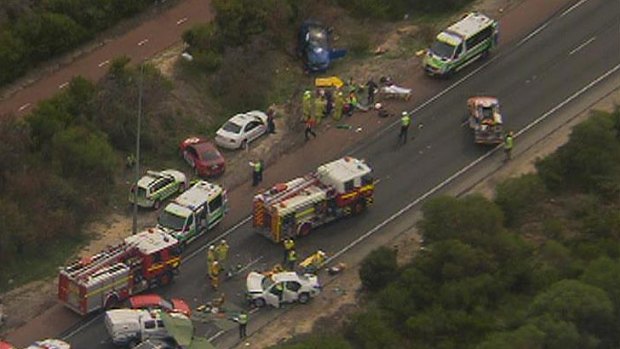 An image captured from the Channel Seven chopper of the Kwinana Freeway crash.