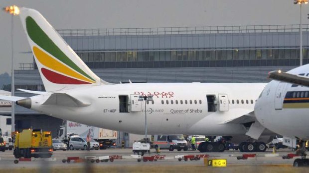 The Ethiopian Airlines Boeing 787 Dreamliner that caught fire at Heathrow airport.