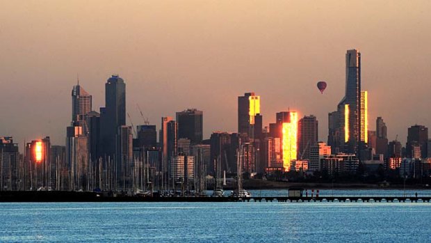 A dawn view of the Melbourne city skyline from Green's Point, Brighton.