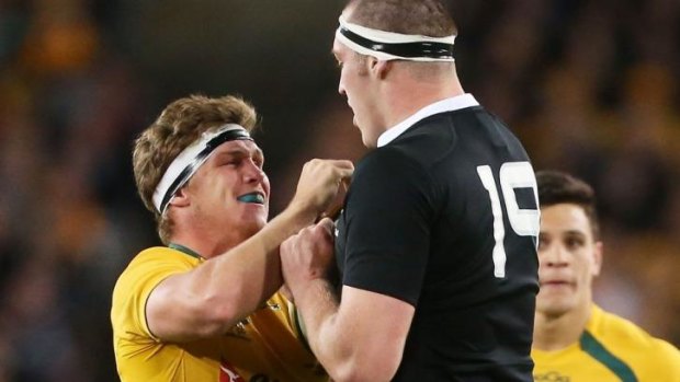 Brodie Retallick and Michael Hooper square up during a Bledisloe Cup encounter last year.