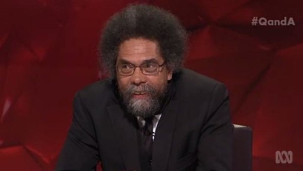 Star of the show ... US academic Cornel West provided much finger-waving and eye-rolling at Philip Ruddock but he also had a man-hug for the government's representative on Q&A.