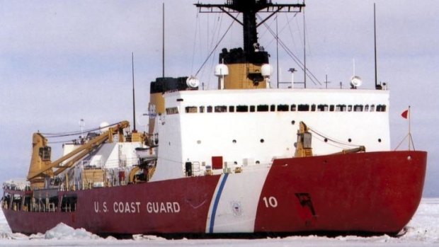 Polar Star, the US Coast Guard icebreaker, works the ice channel near McMurdo, Antarctica in this handout photo taken. 