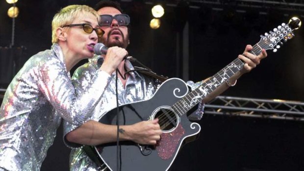 Banding together again ... Annie Lennox, left, and Dave Stewart performing as the Eurythmics in Germany in 2000 before going separate ways.