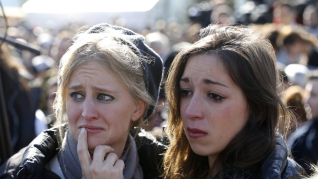 Mourners at funeral procession in Jerusalem for victims of Paris terror attack.