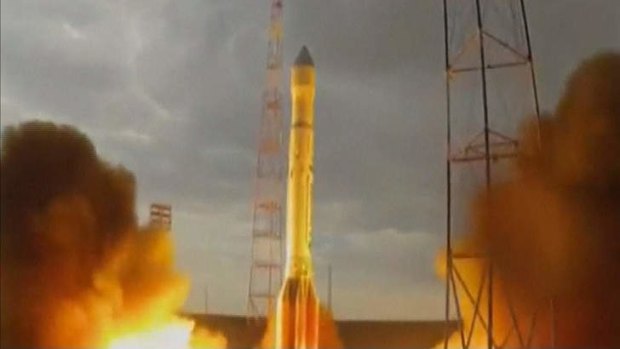 A still frame taken from a video shows the launch of an unmanned Russian Proton-M booster rocket.