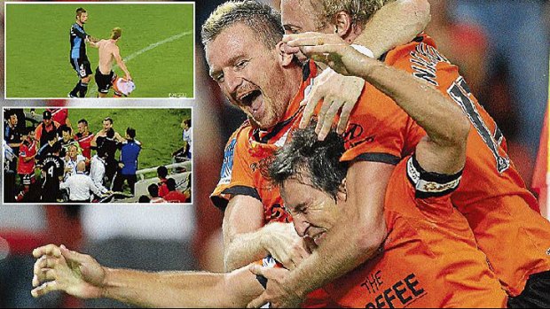 Fierce: Besart Berisha celebrates a goal (main); (inset) Berisha and Pascal Bosschaart's infamous incident in Brisbane.