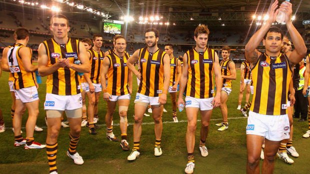 Hawthorn celebrates its victory over Essendon in round 18 last year.