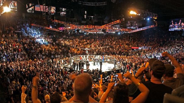 The UFC octagonal competition mat and fenced-in design known as 'the octagon".