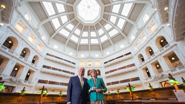 Allan Myers, QC, pictured with wife Maria Myers, in the ''beautiful'' domed reading room he discoverd as a law student in 1965. The couple are donating $3 million to the library's Vision 2020 redevelopment appeal.