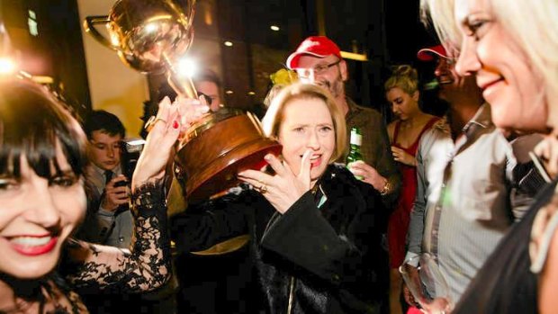 Gai Waterhouse arrives at the French Brassiere restaurant to celebrate her victory.
