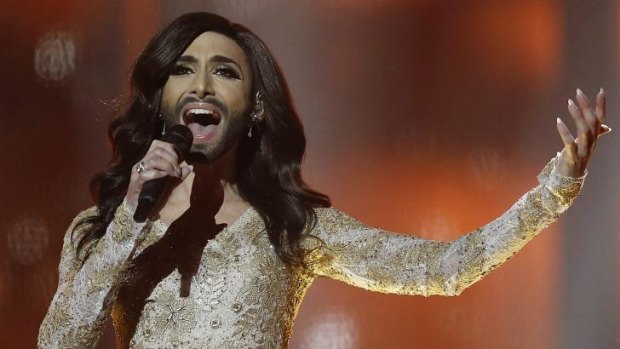 Conchita Wurst, representing Austria, performs the song "Rise Like a Phoenix" during a rehearsal for the second semifinal of the Eurovision Song Contest in Copenhagen,