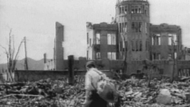 A man walks through rubble in Hiroshima just weeks after the 1945 bombing.
