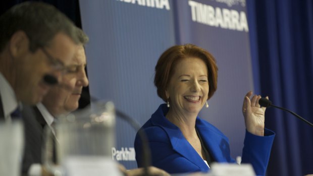 Julia Gillard fields questions at a community forum in Melbourne’s outer south-eastern suburbs yesterday.