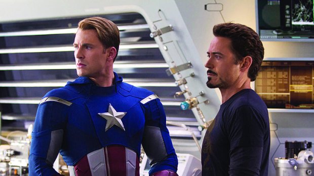 Downey jnr, right, with Chris Evans (Captain America) in a scene from <i>The Avengers</i>.