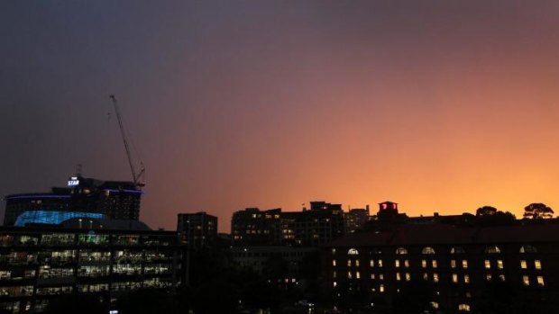 The sky picks up the last rays of sun as the storm front passes Pyrmont at 7pm.