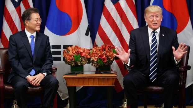 President Donald Trump speaks at a luncheon meeting with South Korean President Moon Jae-during the United Nations General Assembly in New York.