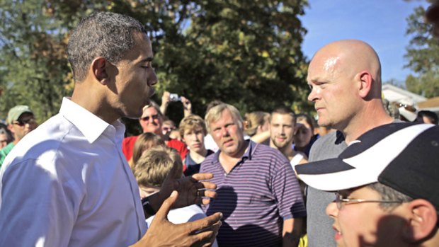 Barack Obama answers a question from plumber Joe Wurzelbacher in Holland, Ohio, last Sunday.
