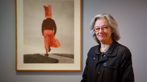 Pat Brassington with a piece called <i>By the Way</i> at the Tasmanian Museum and Art Gallery.