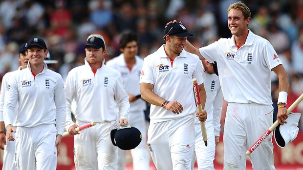 World beaters: England star Stuart Broad (right) and fellow all-rounder Tim Bresnan celebrate the win over India.