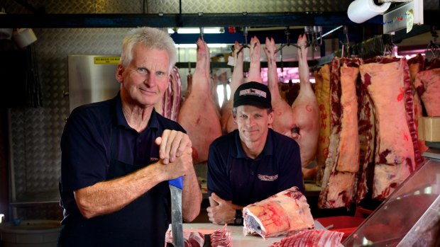 Neil McNair and his son Paul McNair in their Prahran market butcher shop Neil's Meats.