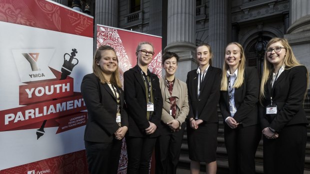 Ivanhoe Girls Grammar School students (from left) Sophia Gruener, Sophie Eagling-Every, Estella Howse-Flemming, Brianna Kline, Laura Jeffries and Tegan Bell are debating their bill this week in Youth Parliament.