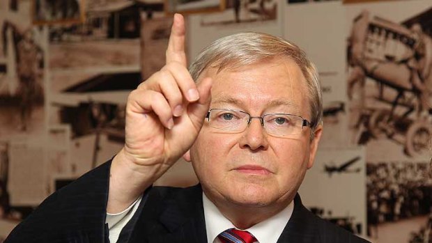 Is the only way up? Kevin Rudd briefs the media after landing at Brisbane airport today.