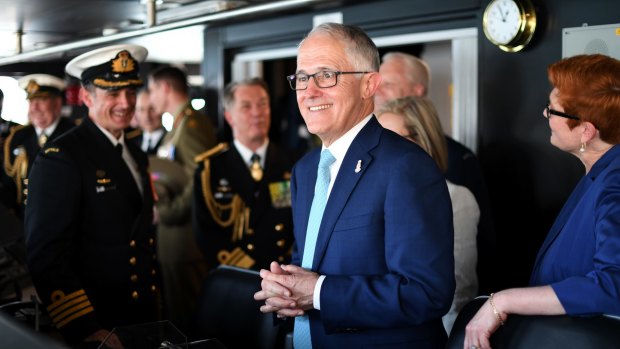 Prime Minister Malcolm Turnbull on board the HMAS Hobart following its commissioning ceremony in September.