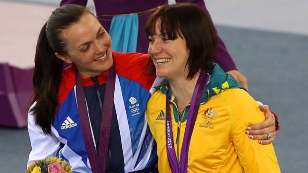 Words of congratulations ...  silver medallist Victoria Pendleton, left, puts an arm around Anna Meares.