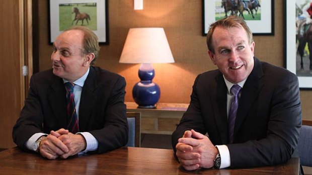 Formidable force: Darley's new trainer John O'Shea, right, shares a laugh with the stable's managing director Henry Plumptre at the announcement on Monday.