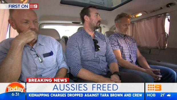 The 60 Minutes crew following their release from a Lebanon jail. Pictured: Stephen Rice, Ben Williamson and David Ballment.