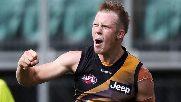 The Jack Attack .... Local boy Jack Riewoldt after his winning goal kicked after the siren.