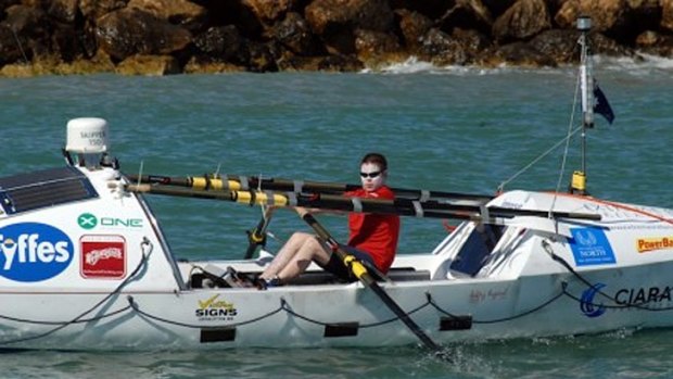 Keith Whelan in the boat he hoped would take him across the Indian Ocean.