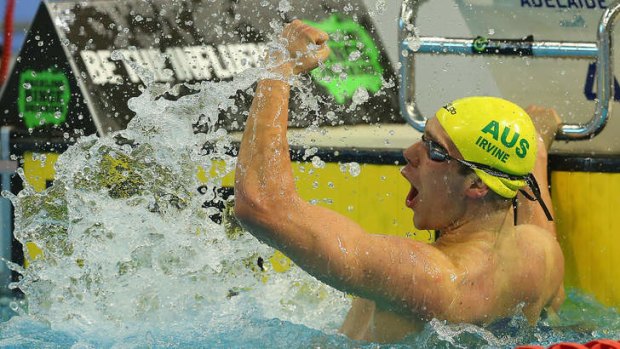 Grant Irvine celebrates winning the men's 200m butterfly final in Adelaide on Monday.