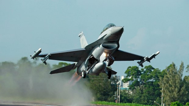 Taiwan Air Force F-16 fighter jet takes off.