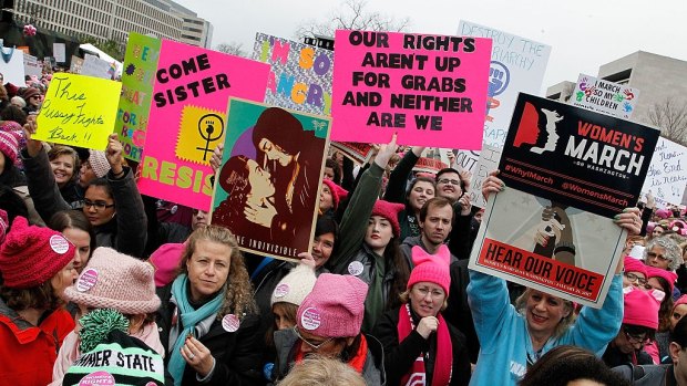 Protestors march during the Women's March On Washington on January 21, 2017 in Washington, DC. 