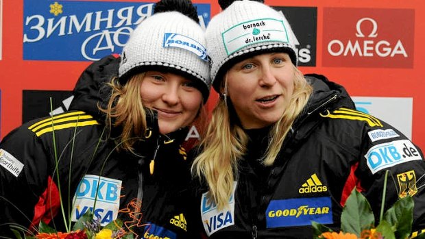 Cathleen Martini (R) and Stephanie Schneider of Germany celebrate winning the bobsleigh world cup in Altenberg. Jana Pittman pushed Australia to seventh place.
