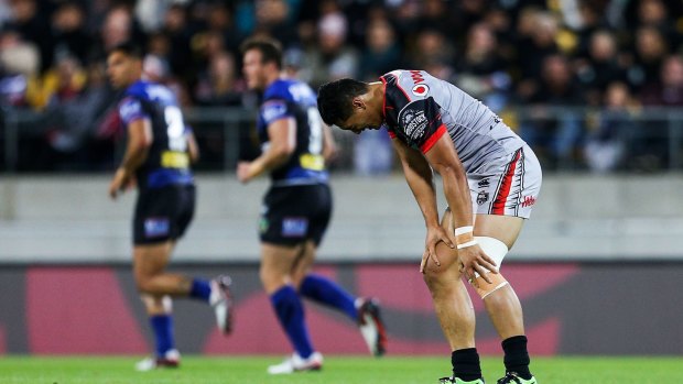 In pain: Roger Tuivasa-Sheck holds his knee after suffering the injury during the round seven NRL match between the Canterbury Bulldogs and the New Zealand Warriors at Westpac Stadium in Wellington.