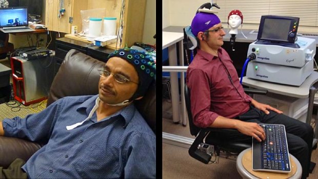 Rajesh Rao, left, plays a computer game with his mind. Across campus, researcher Andrea Stocco, right, wears a magnetic stimulation coil over the left motor cortex region of his brain. Stocco's right index finger moved involuntarily to hit the "fire" button as part of the first human brain-to-brain interface demonstration.