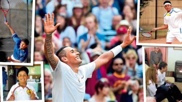 Nick Kyrgios as a junior champion and celebrating his win against Nadal (centre). Mother Nill watches at home with family and friends (bottom right).