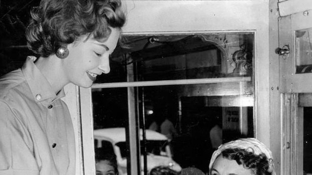 A promotional tram celebrates the opening of the Picadilly Arcade, in 1958.