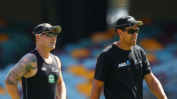 Brendon McCullum and Ross Taylor attend a Black Caps training session at the Gabba yesterday.